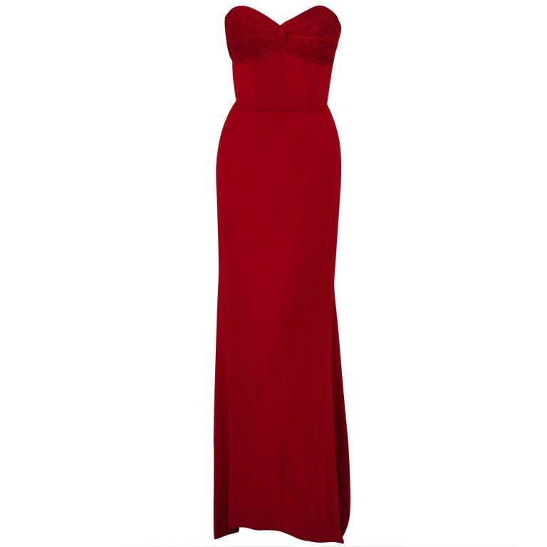 1940's Cranberry-Red Strapless Crepe Pleated-Back Evening Gown at 1stDibs