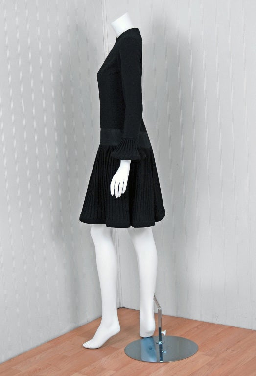 1960's Pierre Cardin Black Mod Space-Age Pleated Crepe Drop-Waist Dress 1