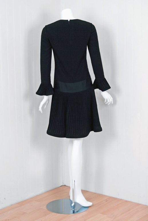 1960's Pierre Cardin Black Mod Space-Age Pleated Crepe Drop-Waist Dress 2