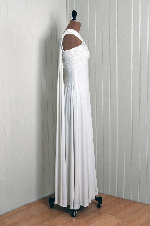 Women's 1970's Estevez White Grecian Goddess Duel-Trains Long Gown