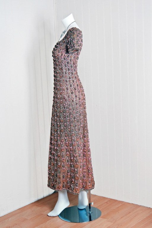1960's Jean Patou Haute-Couture Pink Rhinestone Sequin Silk Evening Gown 1
