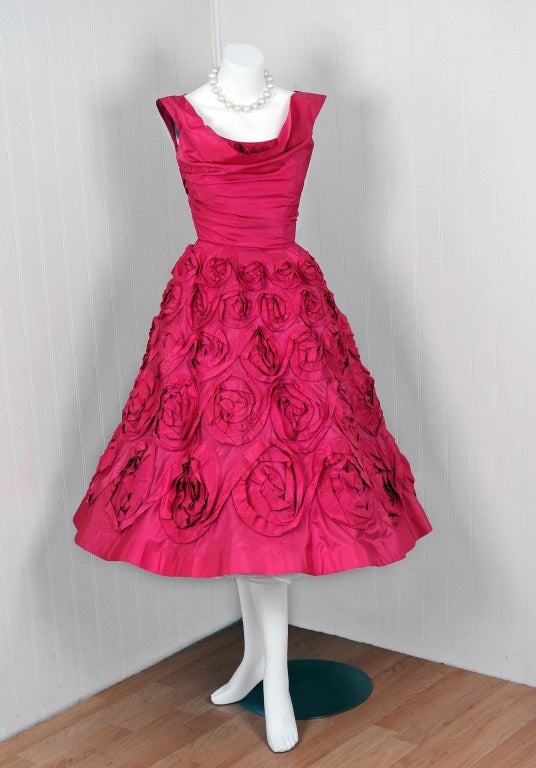 1950's Ceil Chapman Roses-Swirl Pink Taffeta Full Party Dress