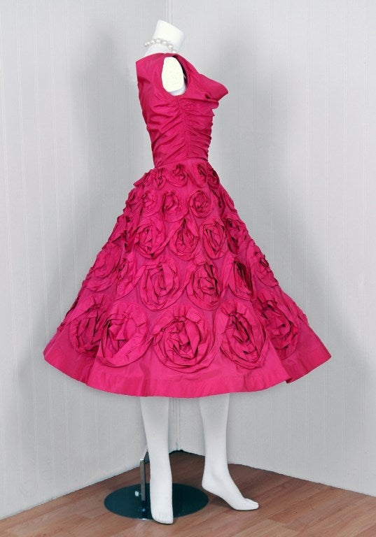 Women's 1950's Ceil Chapman Roses-Swirl Pink Taffeta Full Party Dress