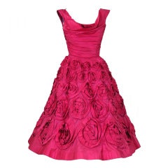 1950's Ceil Chapman Roses-Swirl Pink Taffeta Full Party Dress