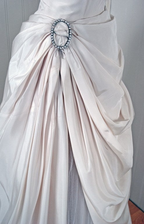 Women's 1950's Ivory-White Strapless Draped-Swag Taffeta Starlet Gown