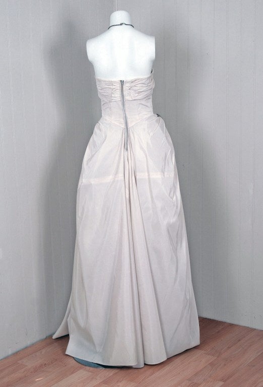 1950's Ivory-White Strapless Draped-Swag Taffeta Starlet Gown 1