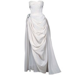 1950's Ivory-White Strapless Draped-Swag Taffeta Starlet Gown
