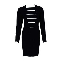 1980's Galanos Cut-Out Black Wool Long-Sleeve Mini Dress