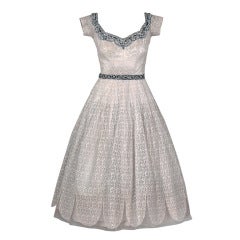 Vintage 1950's Norman Hartnell Beaded Ivory-Creme Lace & Satin Dress