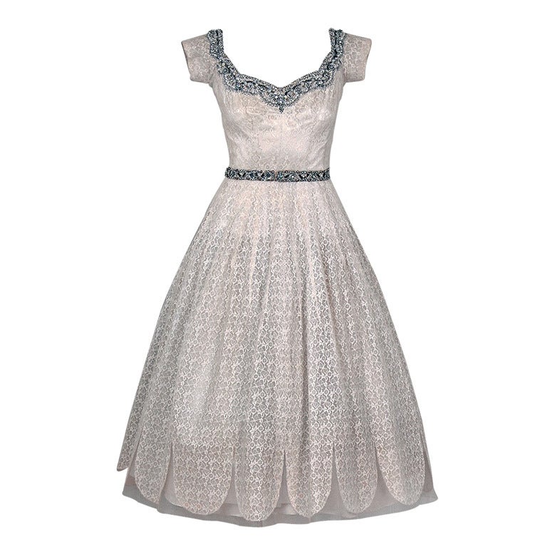 1950's Norman Hartnell Beaded Ivory-Creme Lace & Satin Dress