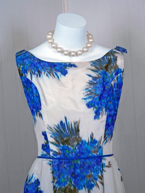 1960's Watercolor Blue-Floral Print Silk Hourglass Ruched-Hem Garden Gown In Excellent Condition In Beverly Hills, CA