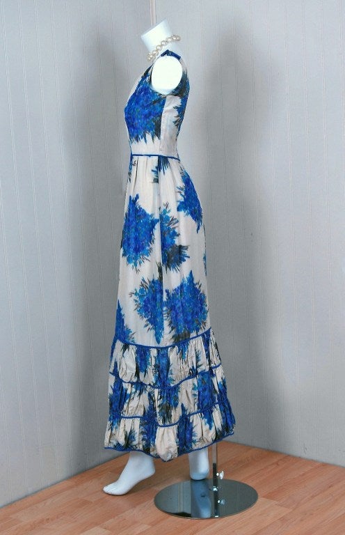 1960's Watercolor Blue-Floral Print Silk Hourglass Ruched-Hem Garden Gown 1