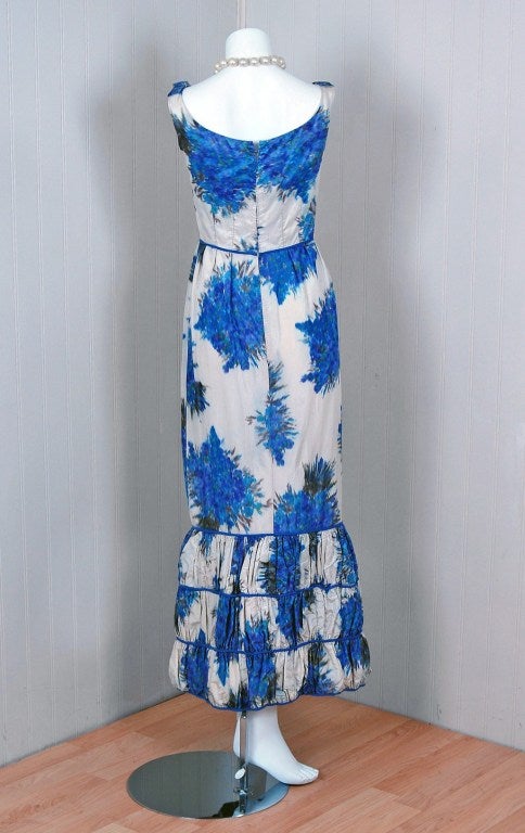 1960's Watercolor Blue-Floral Print Silk Hourglass Ruched-Hem Garden Gown 2