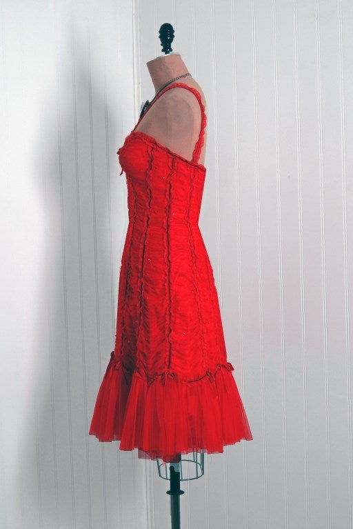 Women's Vintage 1990's Beville Sassoon Ruby Red Sequin Tulle Sweetheart Bustier Dress