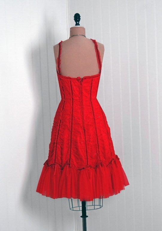 Vintage 1990's Beville Sassoon Ruby Red Sequin Tulle Sweetheart Bustier Dress 1