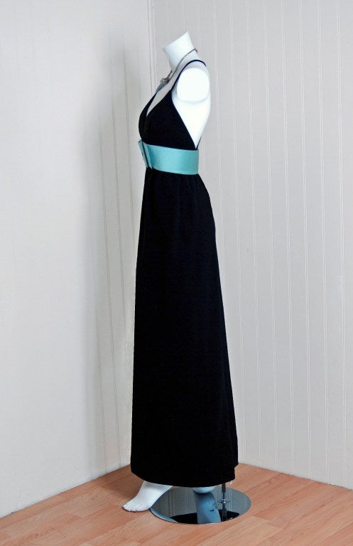 1960's Norman Norell Low-Plunge Black Hourglass Belted Gown 1