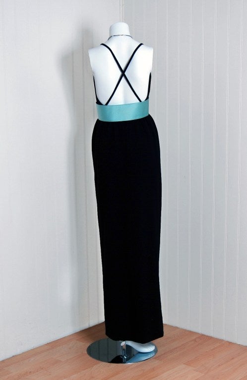 1960's Norman Norell Low-Plunge Black Hourglass Belted Gown 2