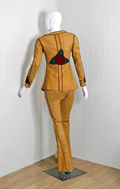 Women's 1960's North Beach Leather Red Roses Whipstitch Jacket & Pants
