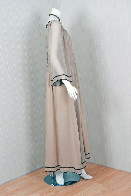 Women's 1970's Thea Porter Ecru-Chiffon Metallic Threaded Grecian Gown