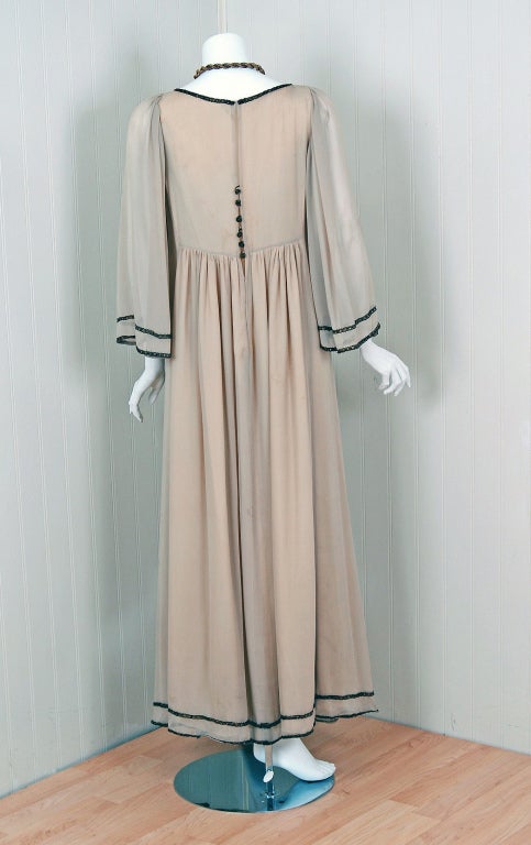 1970's Thea Porter Ecru-Chiffon Metallic Threaded Grecian Gown 2