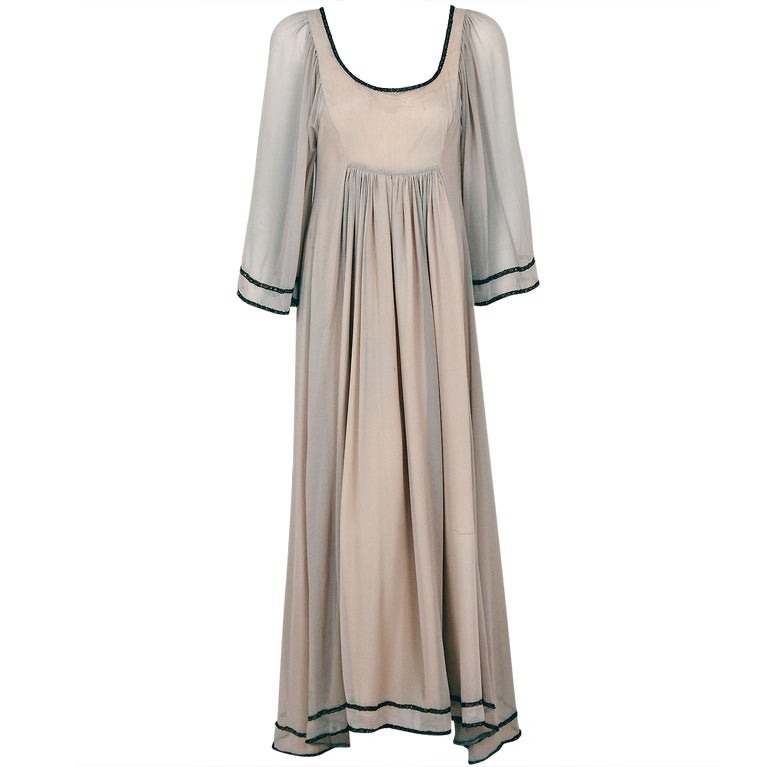 1970's Thea Porter Ecru-Chiffon Metallic Threaded Grecian Gown
