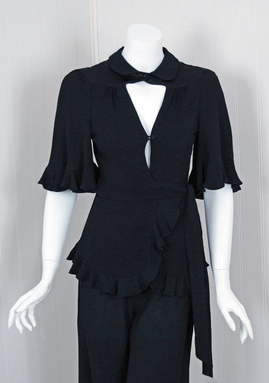 1970's Ossie Clark Black Moss-Crepe Flutter Sleeve Cut-Out Blouse Pant Suit In Excellent Condition In Beverly Hills, CA