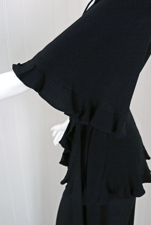 Women's 1970's Ossie Clark Black Moss-Crepe Flutter Sleeve Cut-Out Blouse Pant Suit