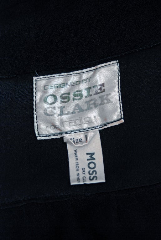 1970's Ossie Clark Black Moss-Crepe Flutter Sleeve Cut-Out Blouse Pant Suit 2