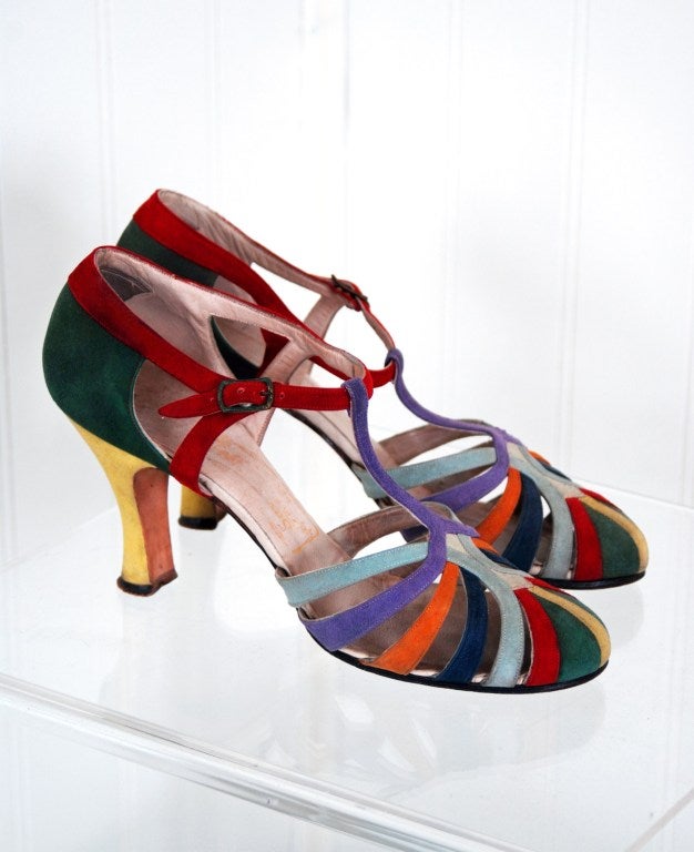 Stunning pair of authetic colorful-rainbow suede flapper 