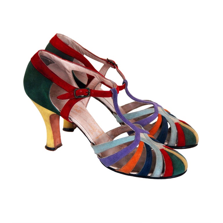 1920's Colorful-Rainbow Suede Art-Deco Flapper Evening Shoes at 1stdibs