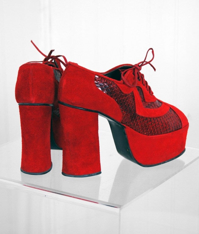 1970's Sexy Ruby-Red Snakeskin and Suede Peep-Toe Platform Shoes at 1stDibs
