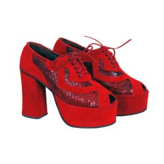 Vintage 1970's Sexy Ruby-Red Snakeskin & Suede Peep-Toe Platform Shoes