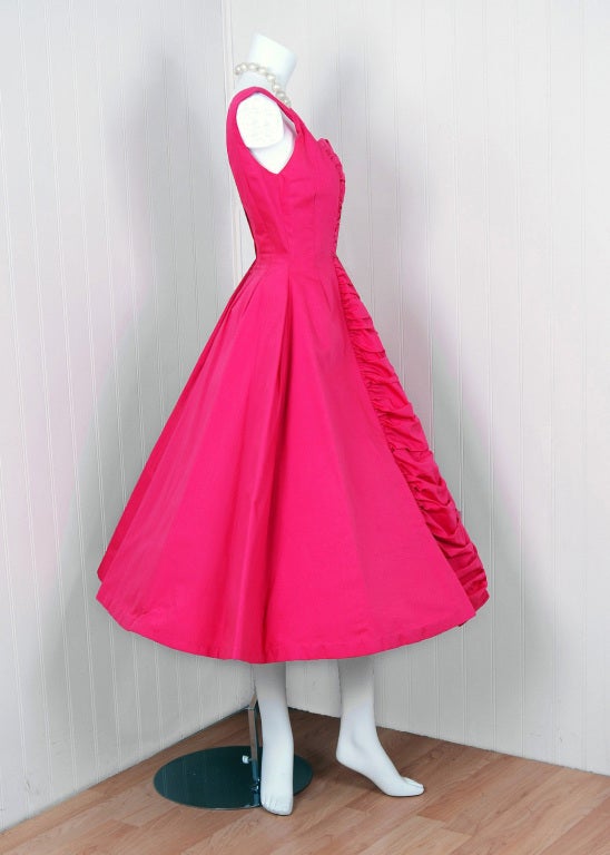 Women's 1950's Suzy Perette Bubble-Gum Pink Ruched-Cotton Full Sundress