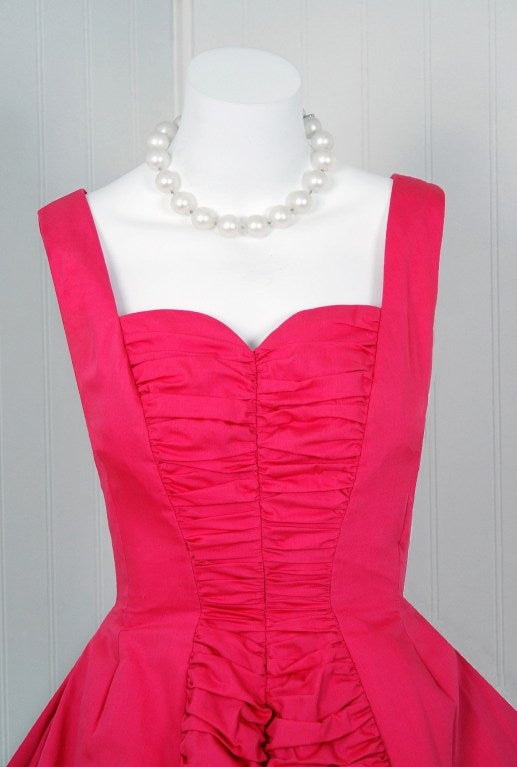 1950's Suzy Perette Bubble-Gum Pink Ruched-Cotton Full Sundress 1
