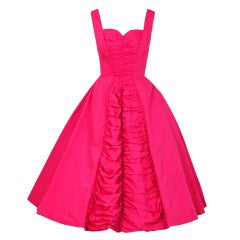 Vintage 1950's Suzy Perette Bubble-Gum Pink Ruched-Cotton Full Sundress