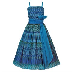 1950's Peacock-Blue Metallic Silk Organza Peplum Party Dress