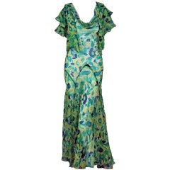 Antique 1930's Watercolor Green Floral-Garden Bias-Cut Gown & Bolero