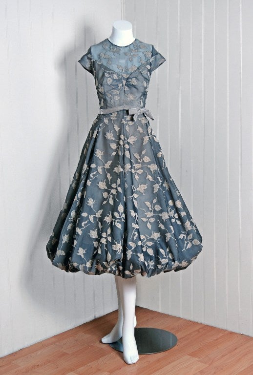 1950's Madame Gres Metallic Rose-Print Silk Draped-Bubble Dress at 1stDibs