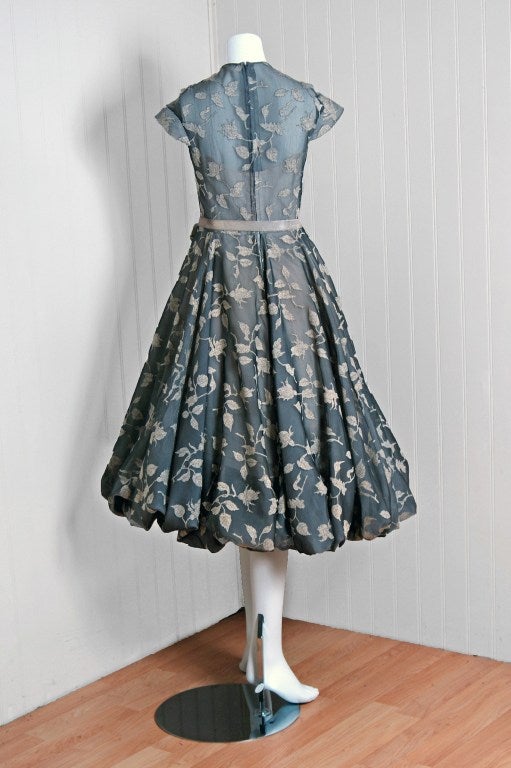 1950's Madame Gres Metallic Rose-Print Silk Draped-Bubble Dress 2