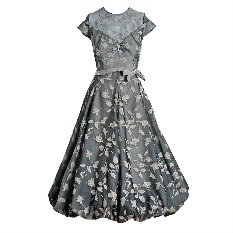 1950's Madame Gres Metallic Rose-Print Silk Draped-Bubble Dress