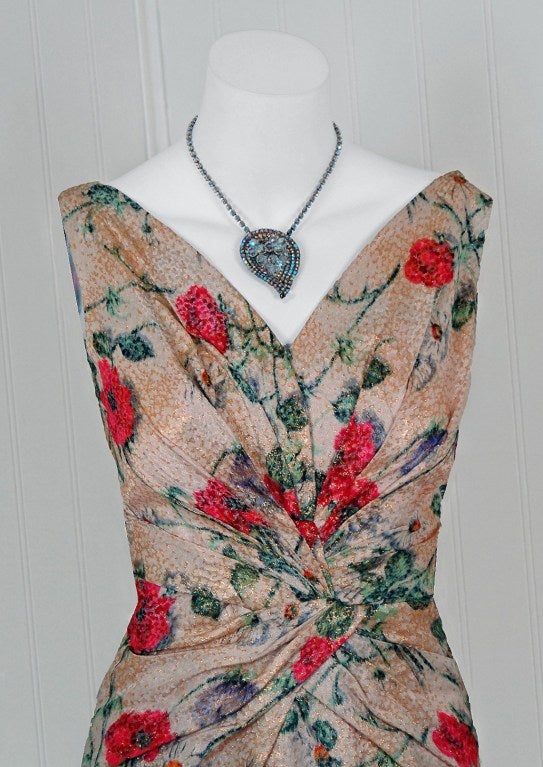 Women's 1950's Ceil Chapman Metallic Floral Silk-Brocade Cocktail Dress