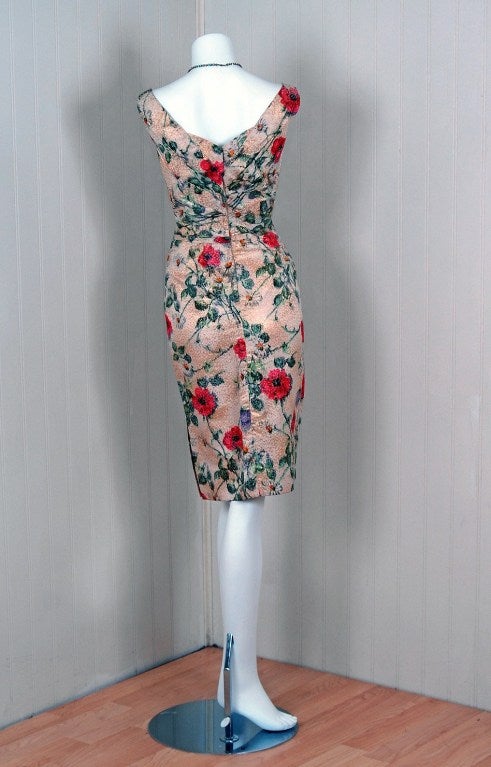 1950's Ceil Chapman Metallic Floral Silk-Brocade Cocktail Dress 2