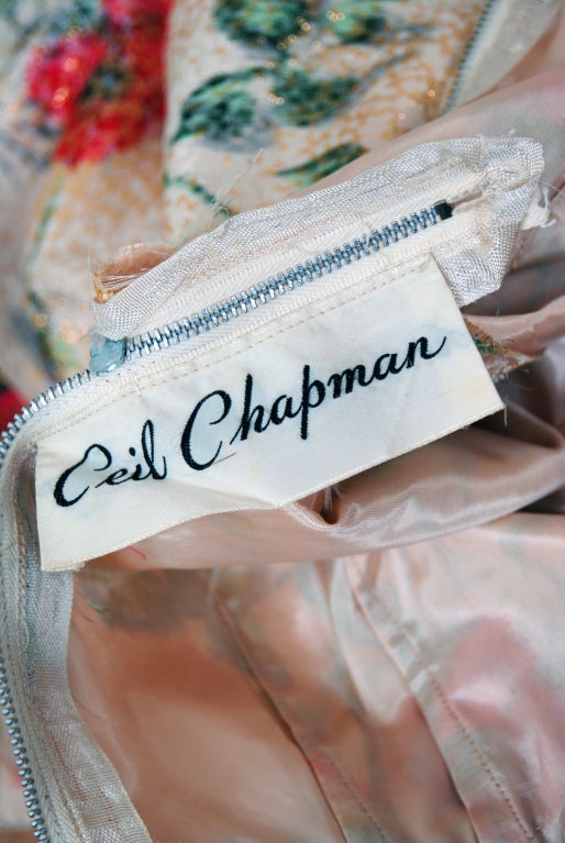 1950's Ceil Chapman Metallic Floral Silk-Brocade Cocktail Dress 3