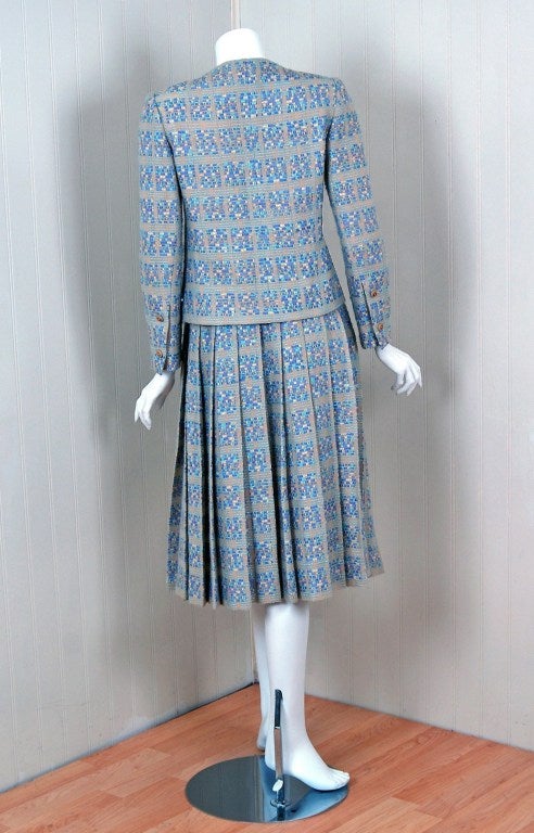 Women's 1970's Chanel Ribbon-Weave Wool Pleated-Skirt Fitted Dress Suit