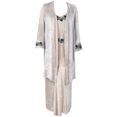 Vintage 1920's Beaded Metallic Ivory Silk-Velvet Flapper Gown & Jacket