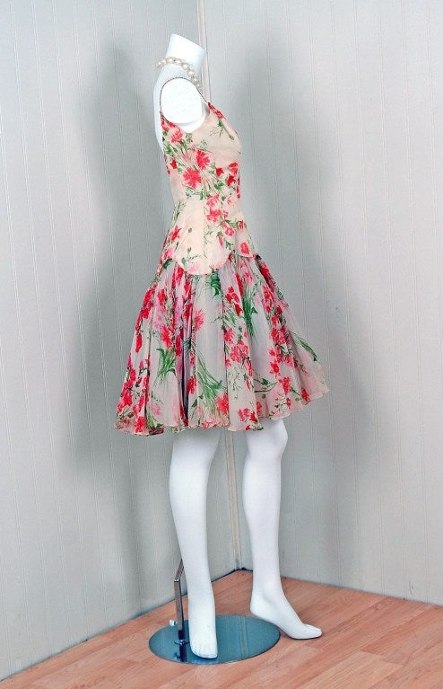 Women's 1960's Watercolor Floral-Garden Print Silk-Chiffon Party Dress