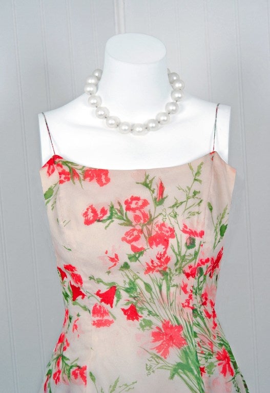 1960's Watercolor Floral-Garden Print Silk-Chiffon Party Dress 2