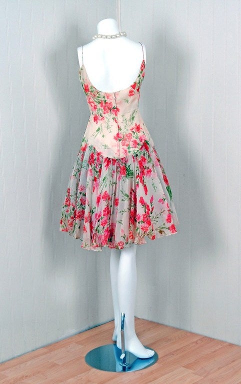 1960's Watercolor Floral-Garden Print Silk-Chiffon Party Dress 3