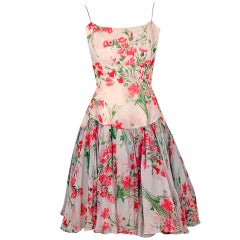 Vintage 1960's Watercolor Floral-Garden Print Silk-Chiffon Party Dress