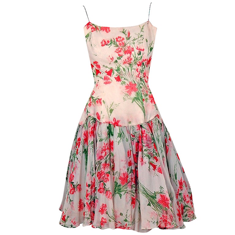 1960's Watercolor Floral-Garden Print Silk-Chiffon Party Dress